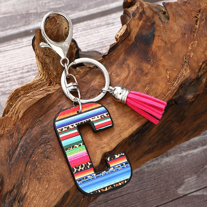 Wholesale Western Style Aztec Leopard Leather Letter Tassel Keychain ACC-KC-YTian009