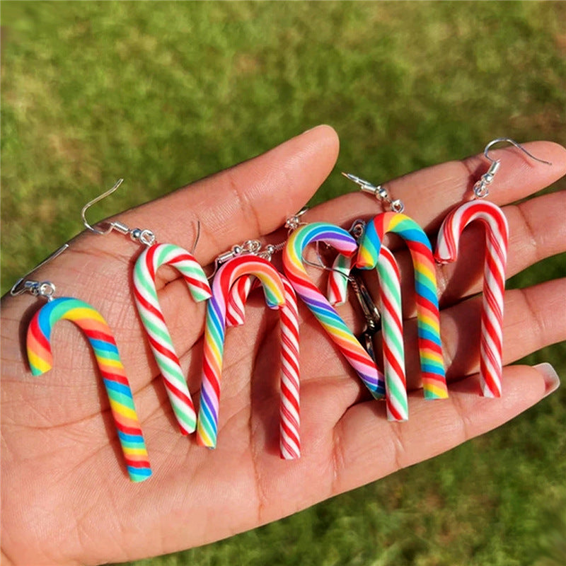 Wholesale  Soft Clay Large Candy Cane Christmas Colorful Rainbow Earrings