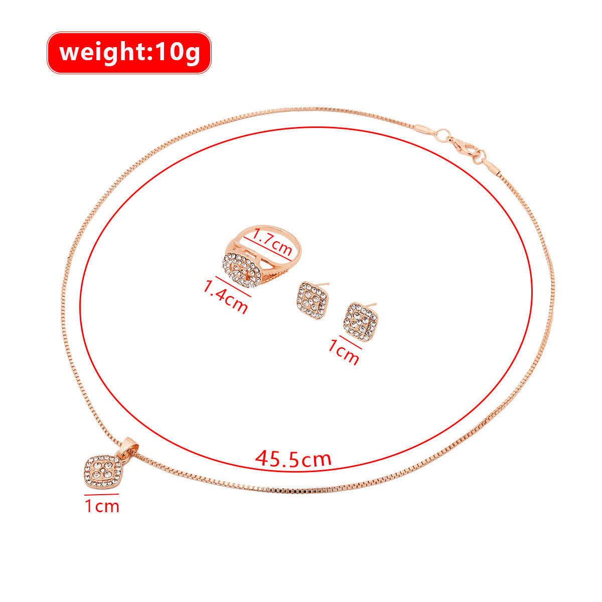 Wholesale diamond-studded geometric square necklace, ring, and earrings 3-piece set