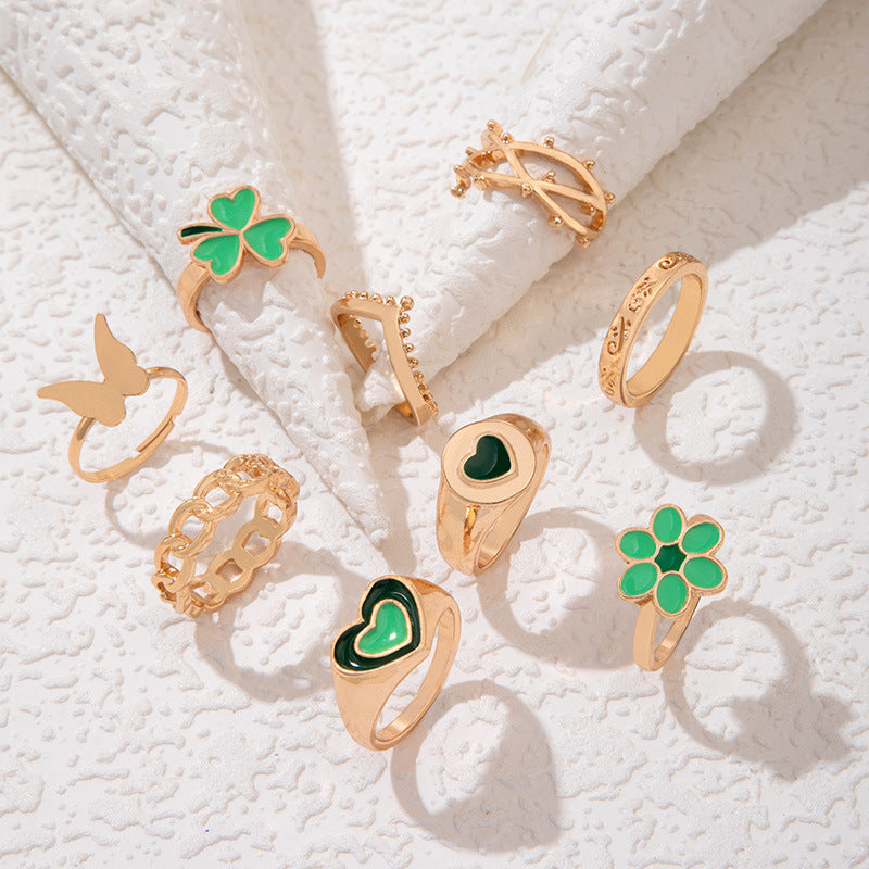 Wholesale 9pcs Easter Green Oil Drop Four-leaf Clover Heart-shaped Contrast Ring Set ACC-RS-YongGe017