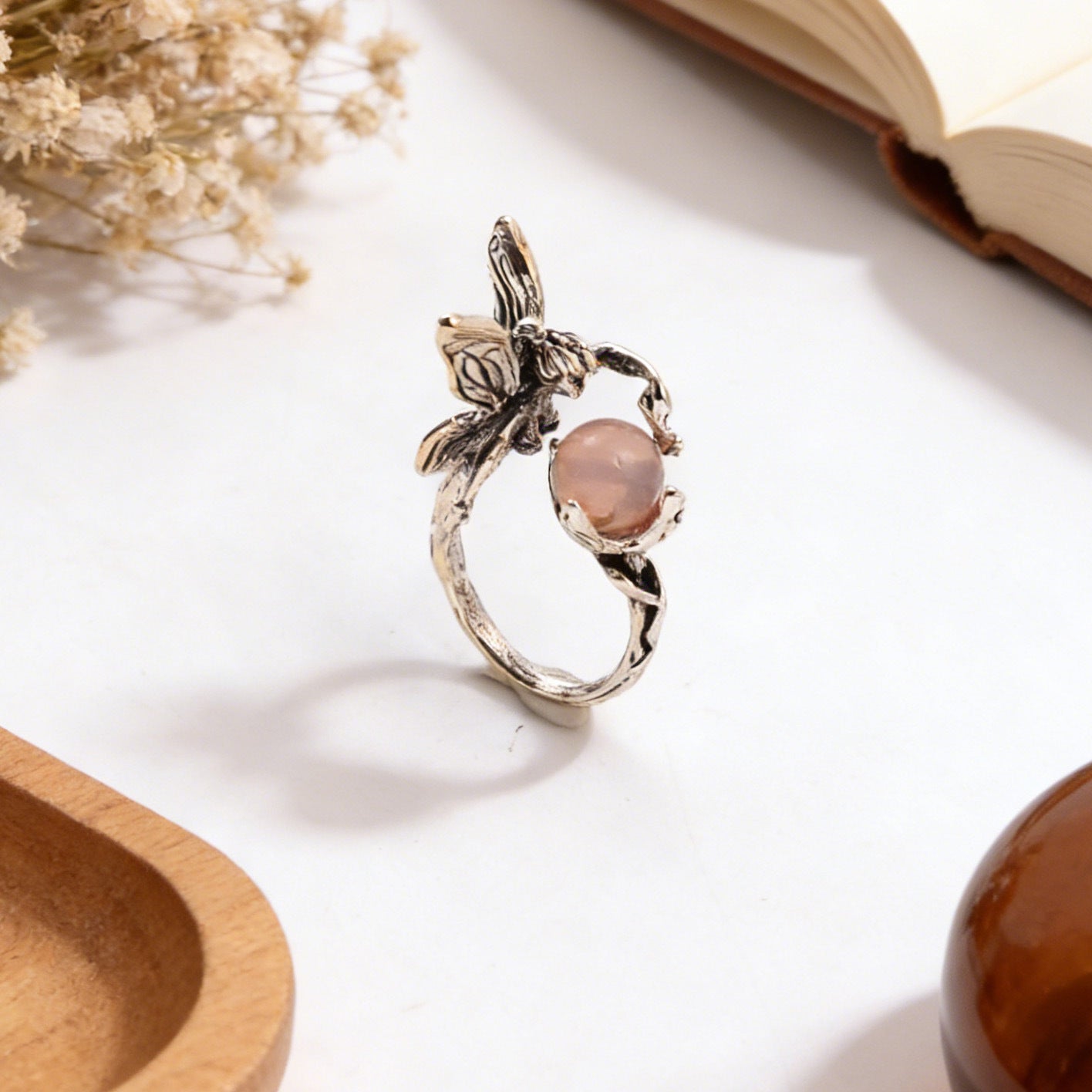 Wholesale Retro Elf Angel Gemstone Open Ring Antique Silver Jewelry Accessory For Gift And Boutique Resale