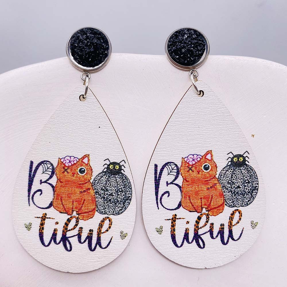 Wholesale Halloween Pumpkin Forest Skull Spider Web Wood Earrings ACC-ES-ChenY081