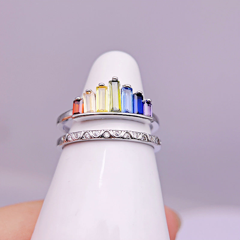 Wholesale Double Line Crown Rainbow Micro Diamond Adjustable Rings ACC-RS-YXY029