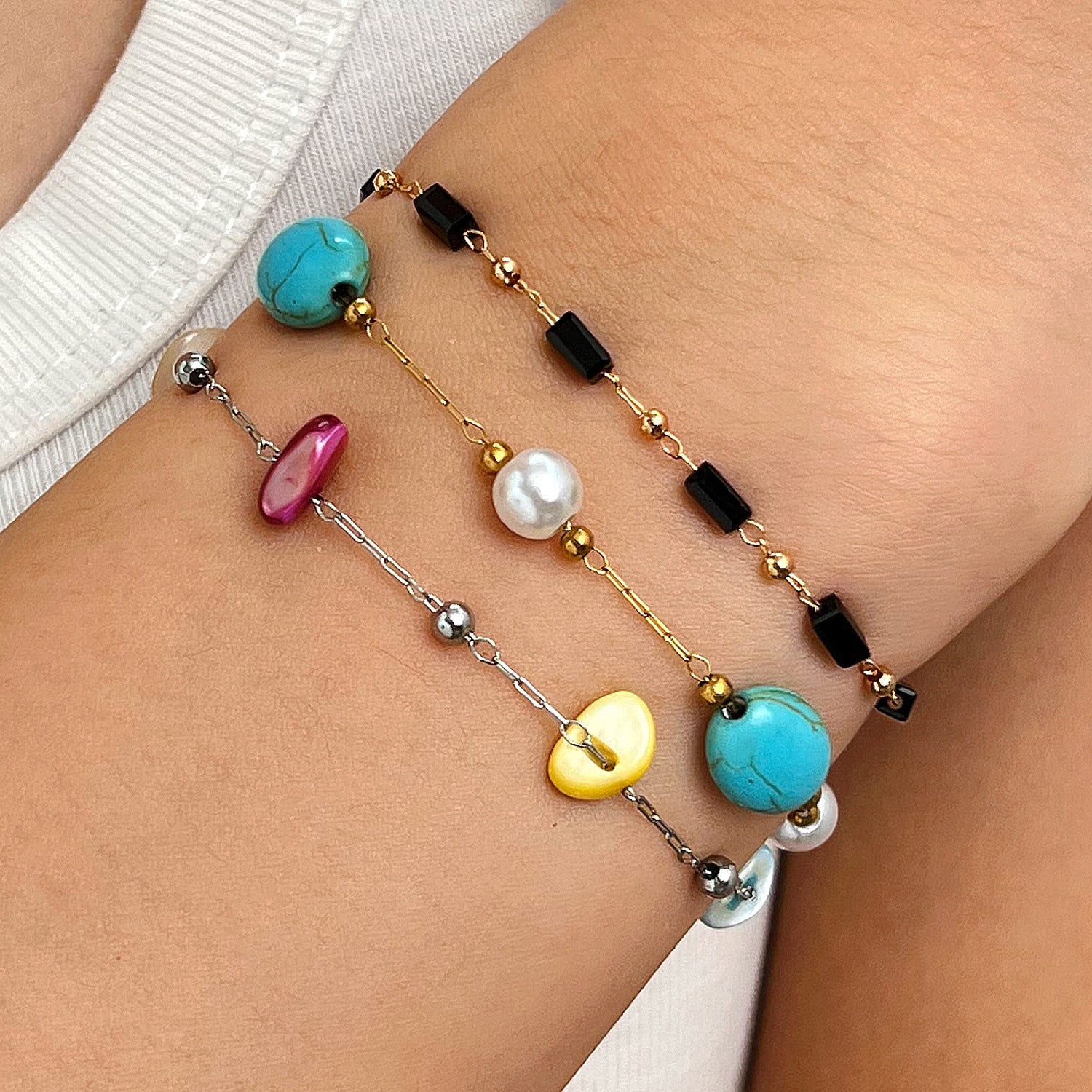 Wholesale Trendy Cloud Moon Cross Star Pearl Layered Bracelet Stainless Steel Fashion Accessory For Women Gift Boutique Resale