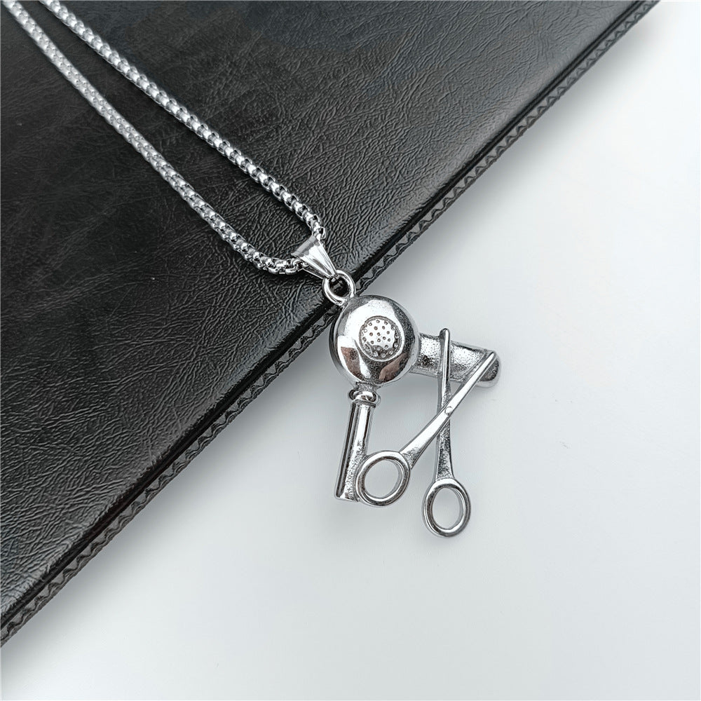 Wholesale Stainless Steel Wash Scissors Blow Razor Hair Dryer Pendant Titanium Steel Men's Necklace ACC-NE-Ruig006