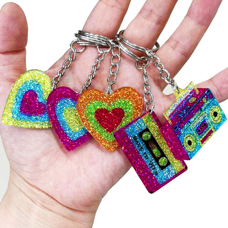 Wholesale 2pcs Love Tape Recorder Fluorescent Glitter Acrylic Keychain Creative Keychain ACC-KC-HY029