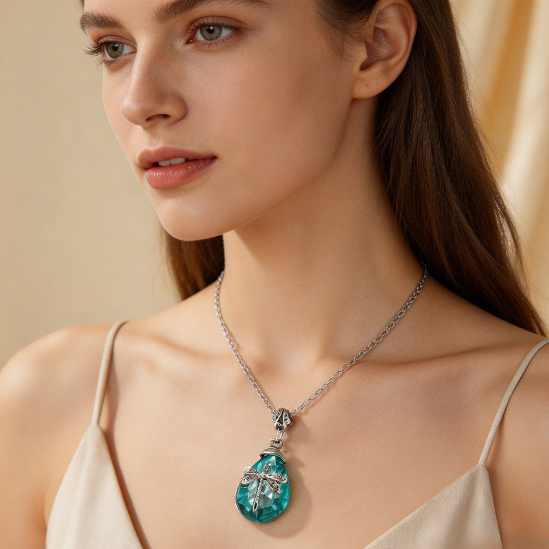 Wholesale Bohemian Retro Dragonfly Pendant Necklace Blue Acrylic Rhinestone Women S Fashion Jewelry Gift