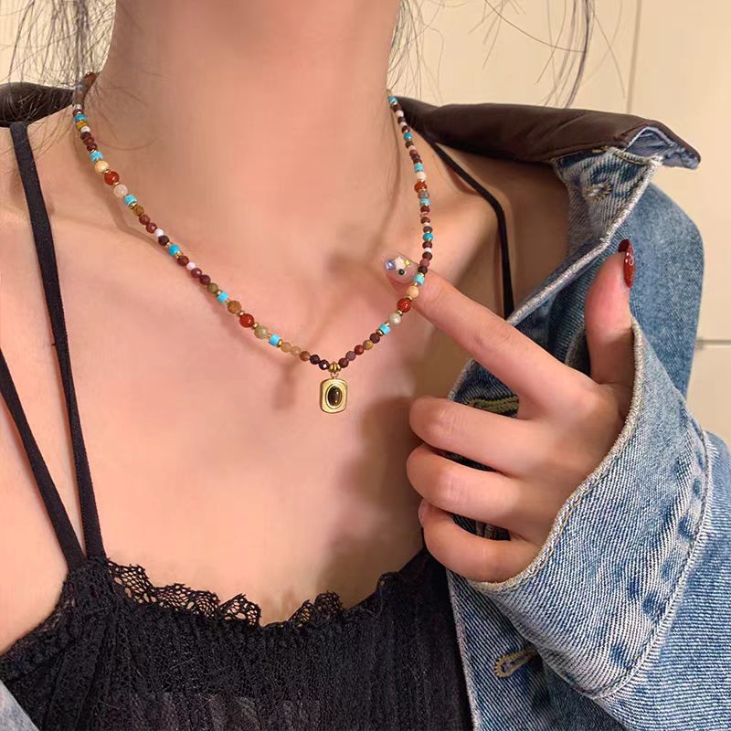 Wholesale Retro Sugar Color Beaded Tiger Eye Necklace