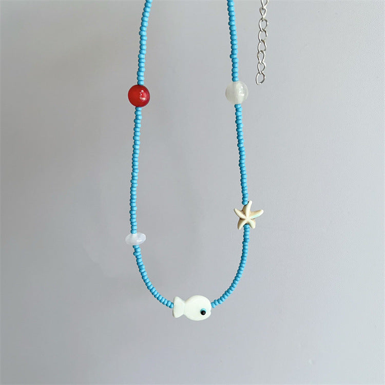 Wholesale Colorful Summer Dopamine Small Fish Pendant Blue Beaded Necklace