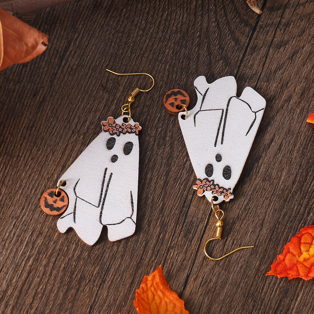 Wholesale Halloween Party Ghost Double Sided Wooden Earrings ACC-ES-ChuLian058