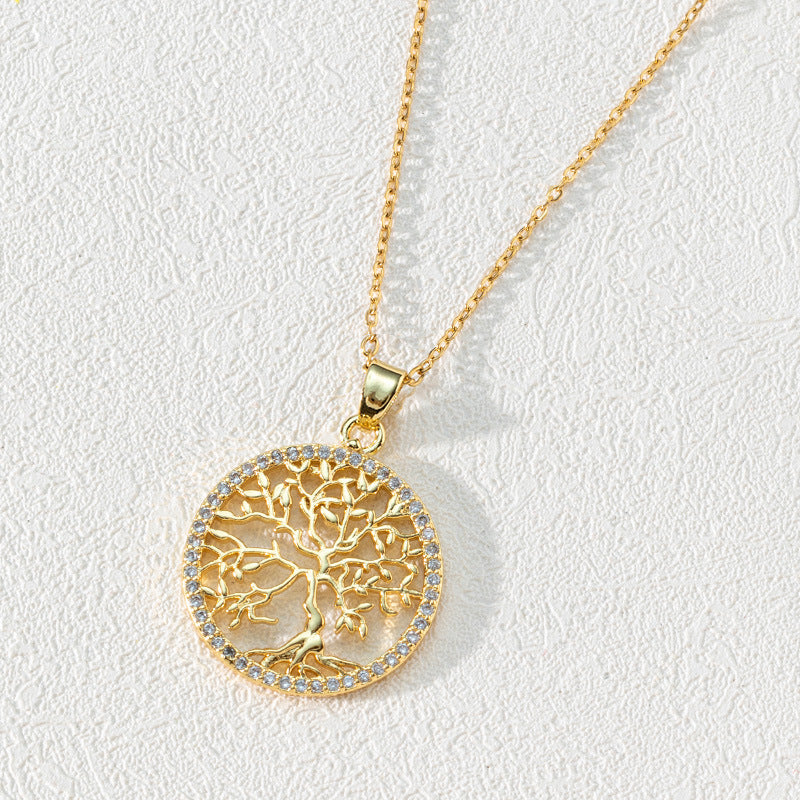 Wholesale Round Hollow Tree of Life Pendant Necklace 18K Gold Plated Necklace Zircon Necklaces ACC-NE-SY007