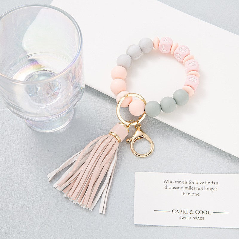 Wholesale Silicone LOVE Pink Tassel Keychains Bracelet