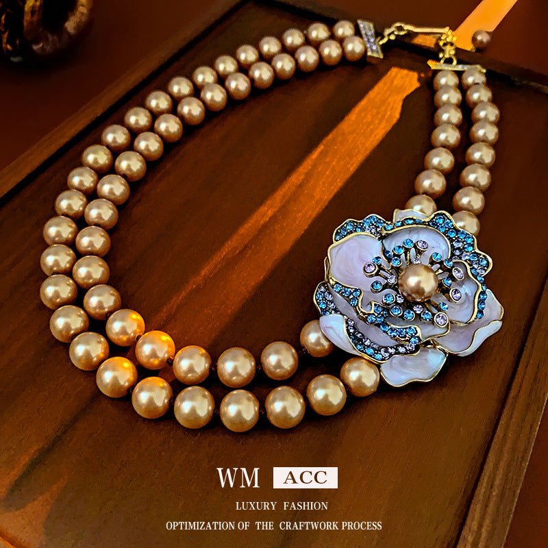 Wholesale Vintage Alloy Rhinestone Flower Layered Clavicle Necklace Jewelry Accessory