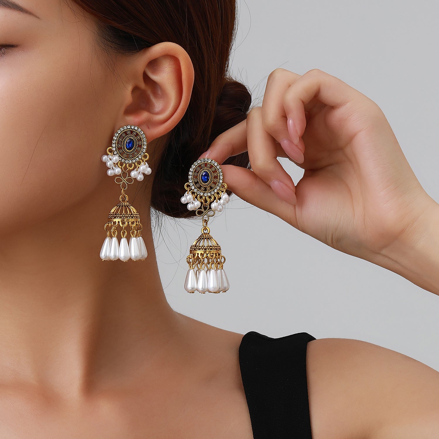 Wholesale Vintage Ethnic Style Drop Pearl Long Earrings Red Alloy With Rhinestones Fashion Jewelry Accessory For Women Boutique Resale