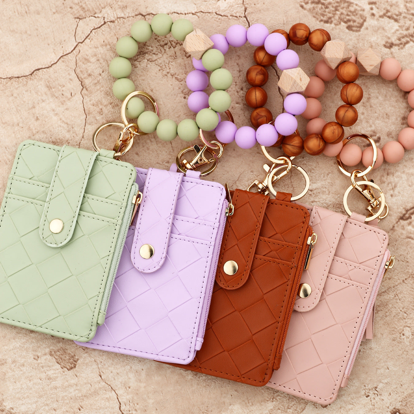 Wholesale  PU Leather Wallet Woven Silicone Bead Wristlet Keychain