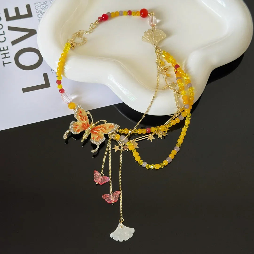 Wholesale  Diamond-encrusted Butterfly Pearl Double Layer Stacked  Necklace