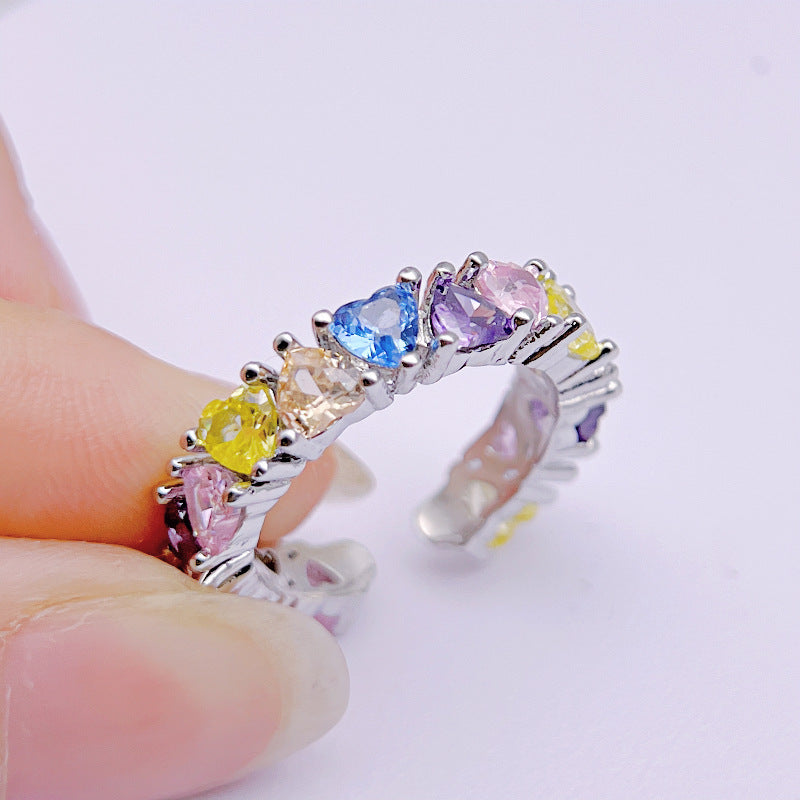 Wholesale Rainbow Hip-hop Style Ring Light Luxury Colorful Love Zircon Open Rings ACC-RS-YXY045