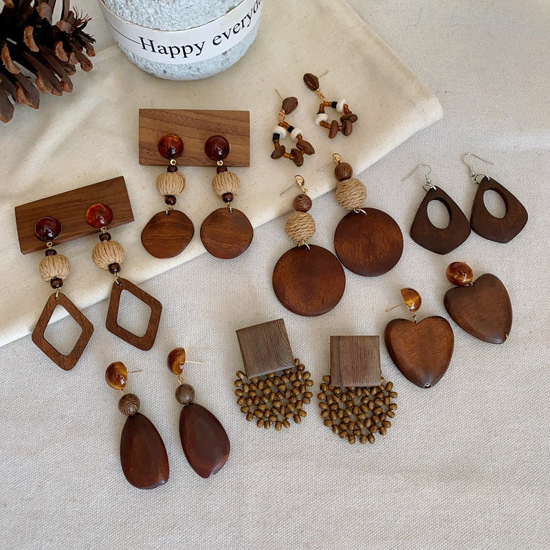 Wholesale Stylish Wooden Geometric Earrings Handmade New Chinese Style Fashion Accessory