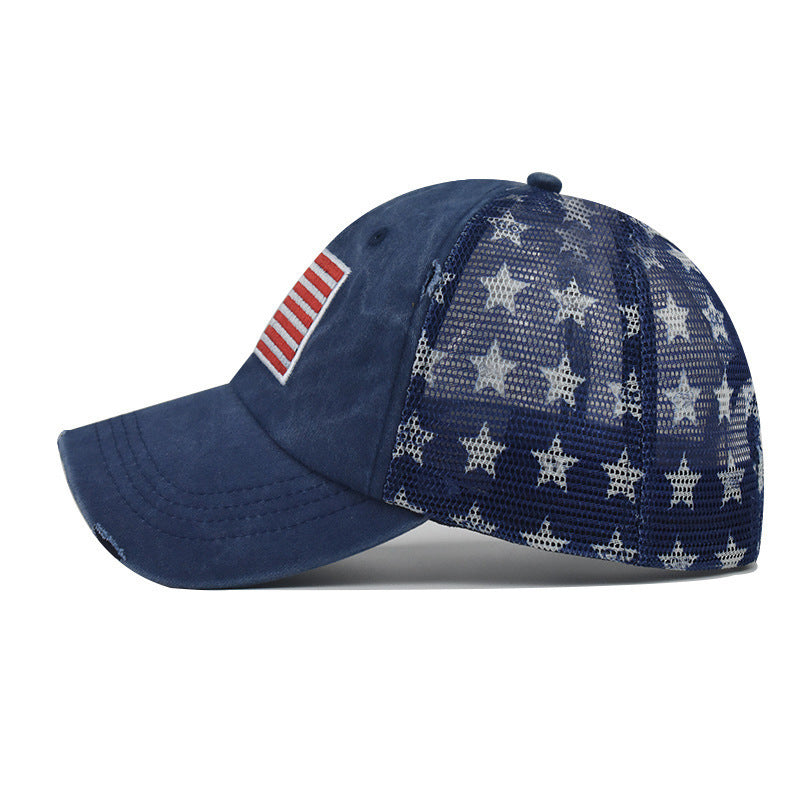 Wholesale Pure cotton washed hole five-pointed star American flag baseball cap