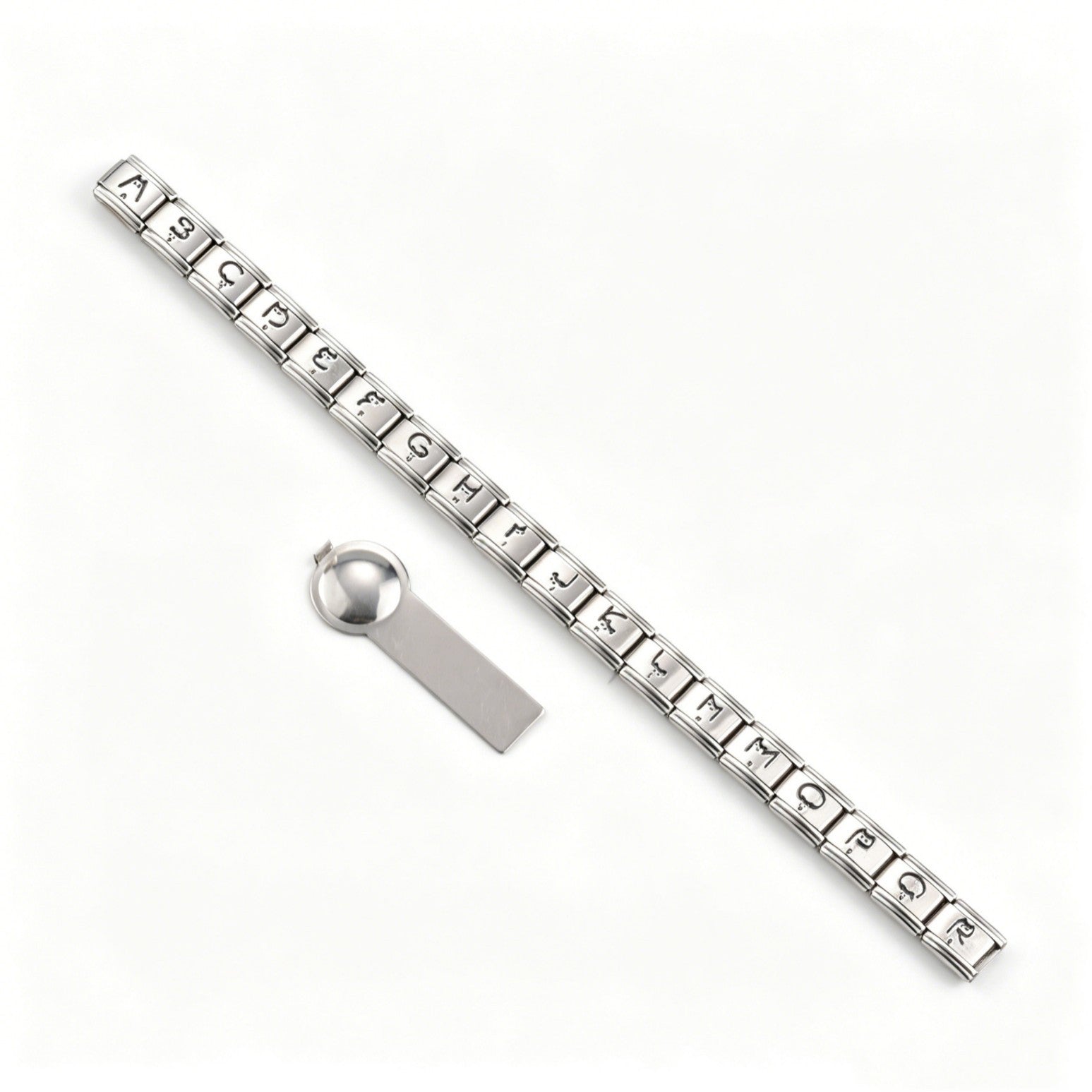 Wholesale Stainless Steel Polished 9mm Elastic DIY Bracelet with Black Alphabet Beads and LUCK Charm Unisex Jewelry Accessory
