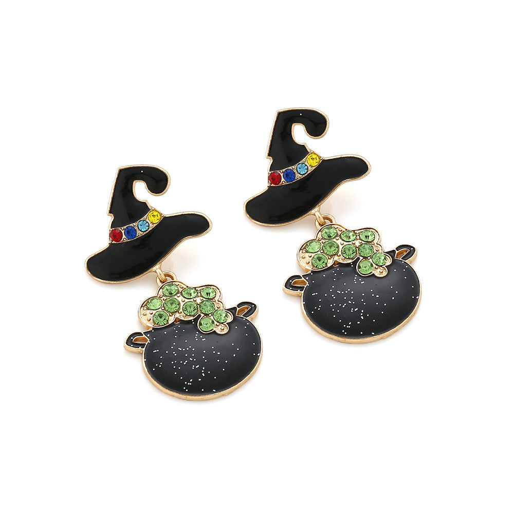Wholesale  Funny Diamond Dropping Oil Witch Hat Black Crucible Earrings