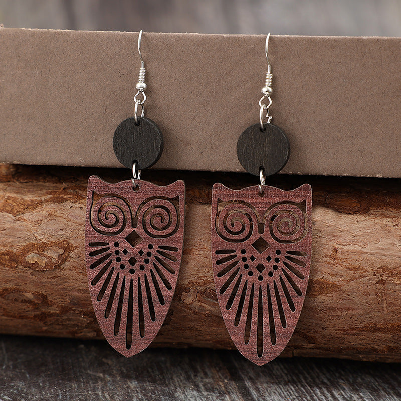Wholesale Ethnic retro hollow owl stitching small round wood earrings