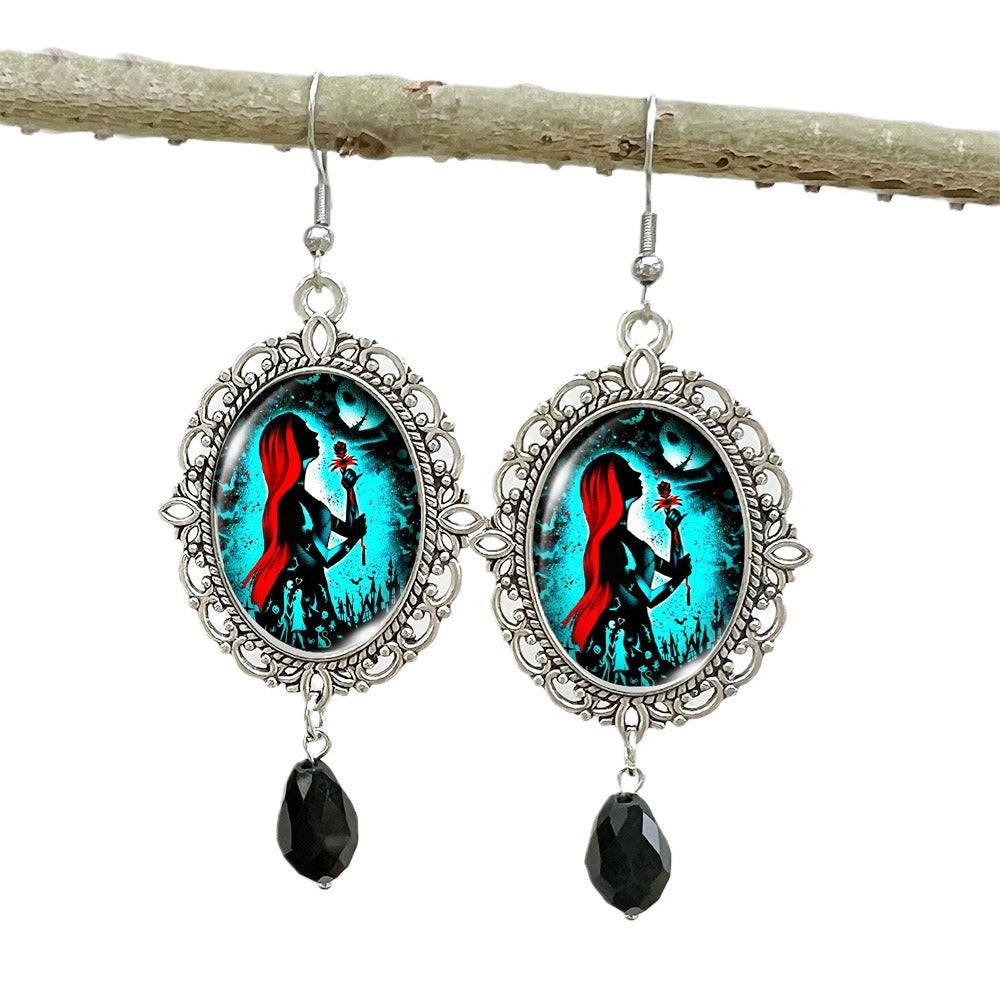 Wholesale Halloween Stainless Steel Ear Hook Oval Lace Metal Earrings ACCVIP-ES-XiangLian004