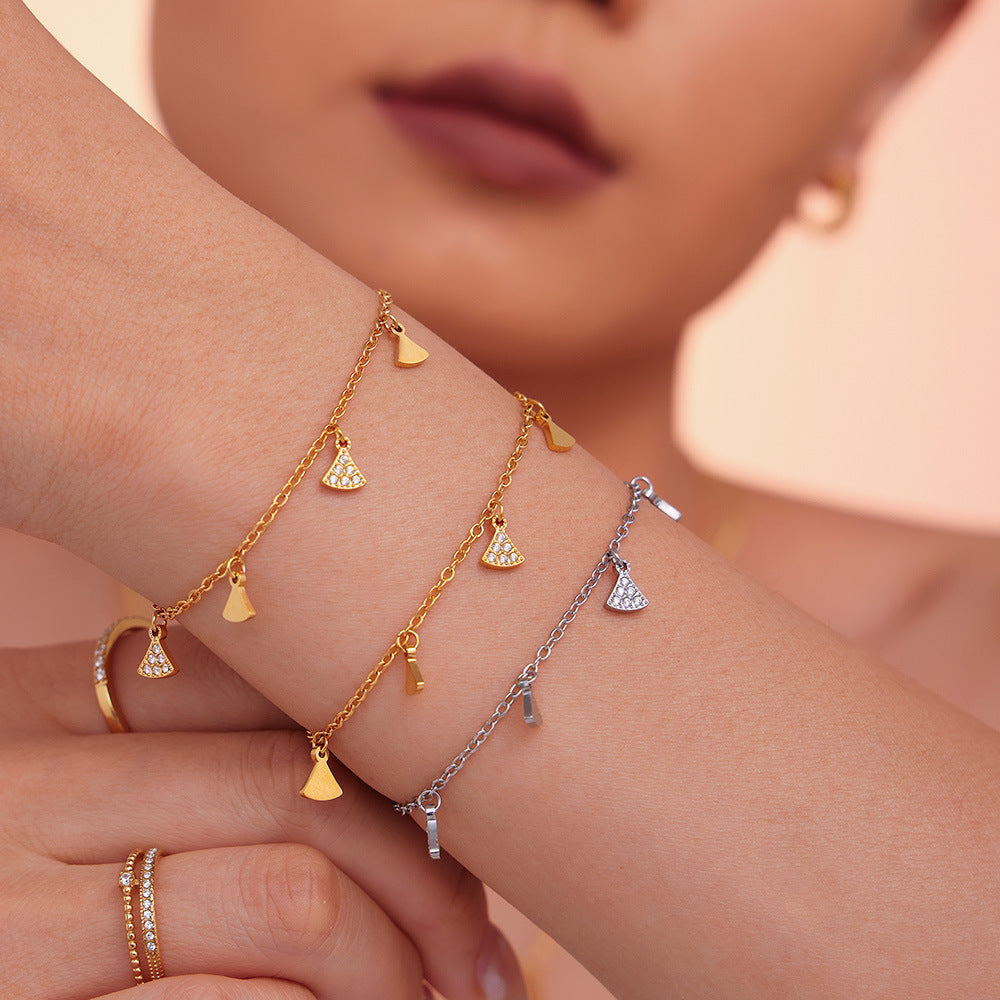 Wholesale Titanium Steel Geometric Small Fan Inlaid with Zircon Multi-Accessory Set Bracelet Necklace