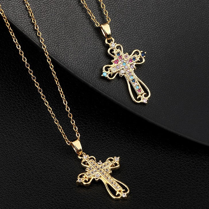 Wholesale Fashion Colorful Zircon Cross Pendant Necklace For Women Trendy Collarbone Chain Jewelry Gift