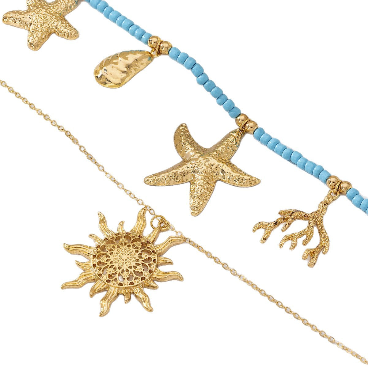 Wholesale Zinc Alloy Double Layer Ocean Necklace Blue Bead Sea Star Sun Pendant Trendy Summer Beach Jewelry For Women