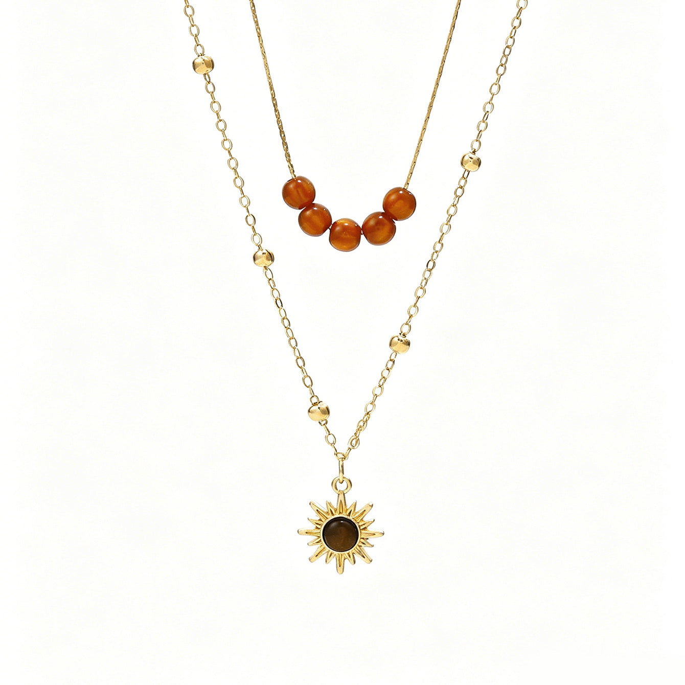Wholesale Gold Tone Sunflower Tiger Eye Layered Pendant Necklace Trendy Vacation Style Choker Jewelry Accessory Gift