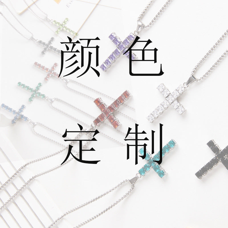 Wholesale Titanium Steel Square Cross Zircon Pendant Necklace