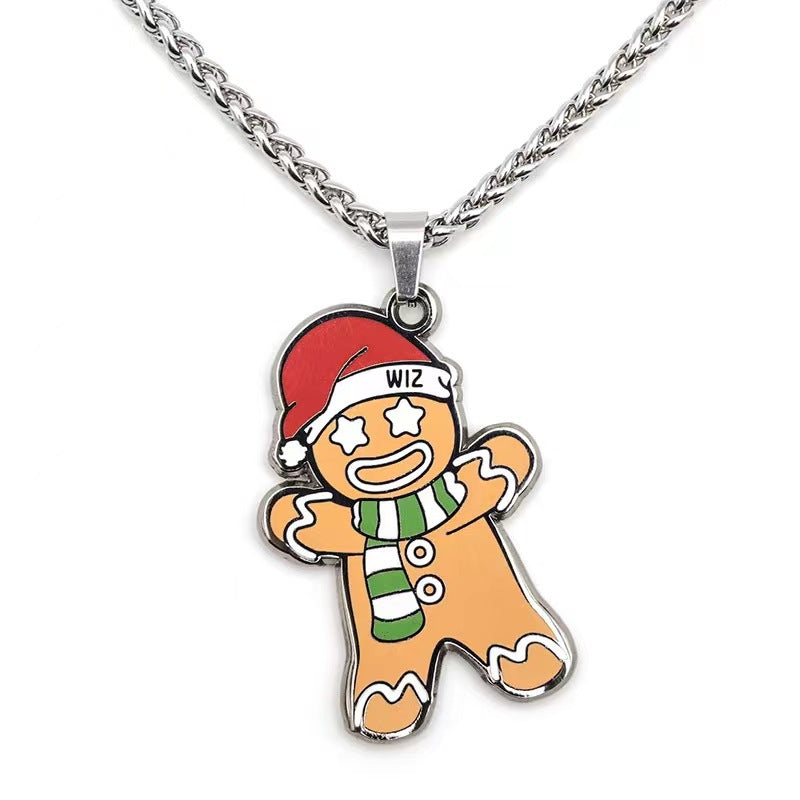 Wholesale Stainless steel enamel Gingerbread Man Christmas holiday necklace