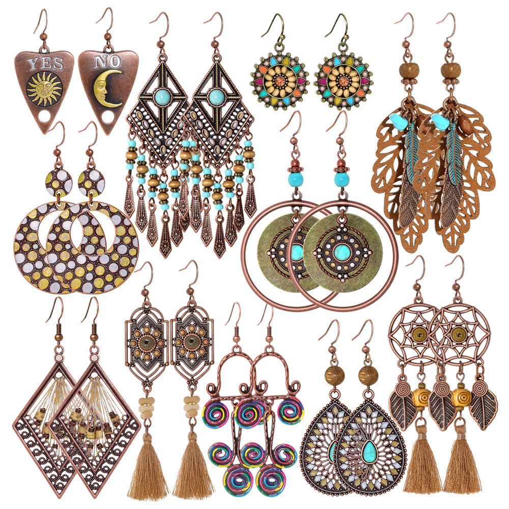 Wholesale Retro Bohemian Ethnic Hollow Tassel Earring Set Zinc Alloy Boutique Resale
