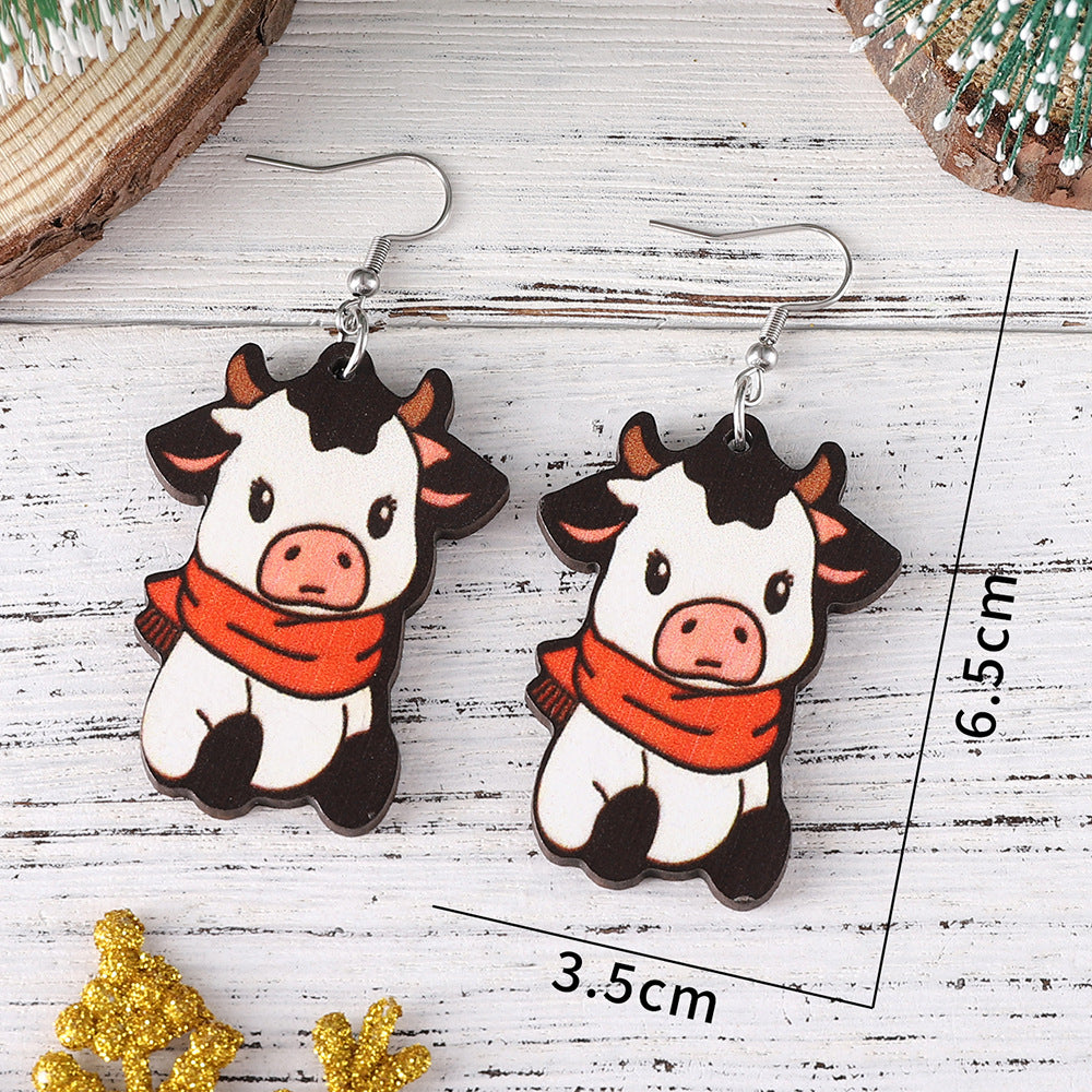 Wholesale Christmas cute red f cow pendant earrings wooden double-sided daily earrings