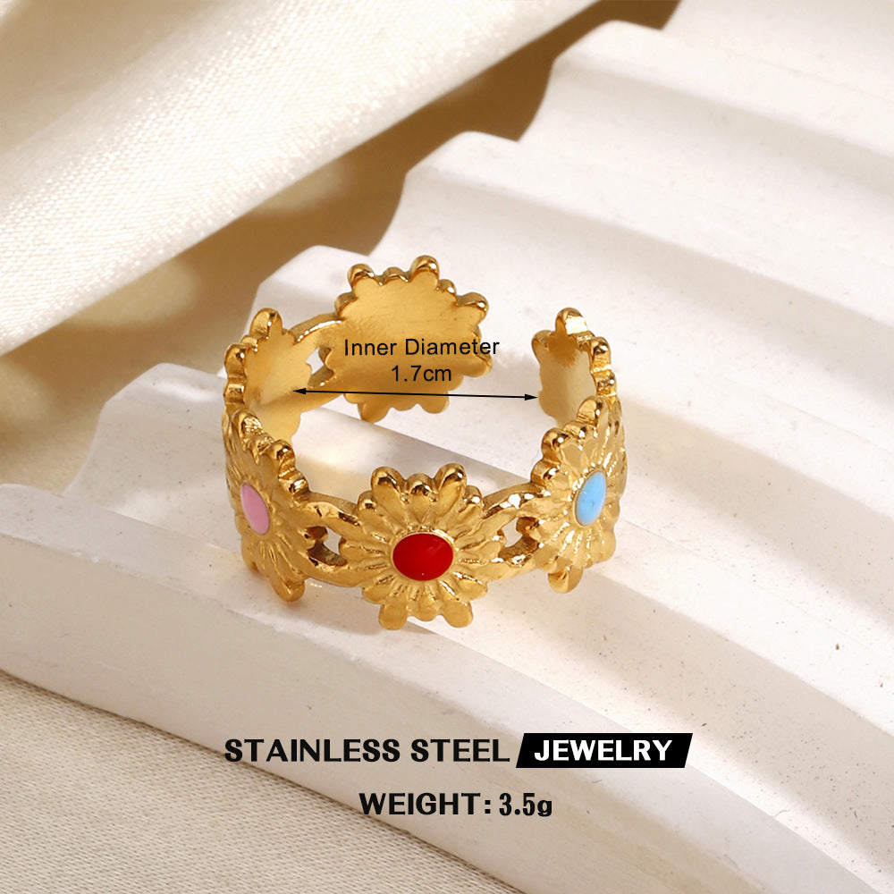 Wholesale Gold Plated Stainless Steel Colorful Enamel Floral Geometric Ring Trendy Fashion Accessory for Women