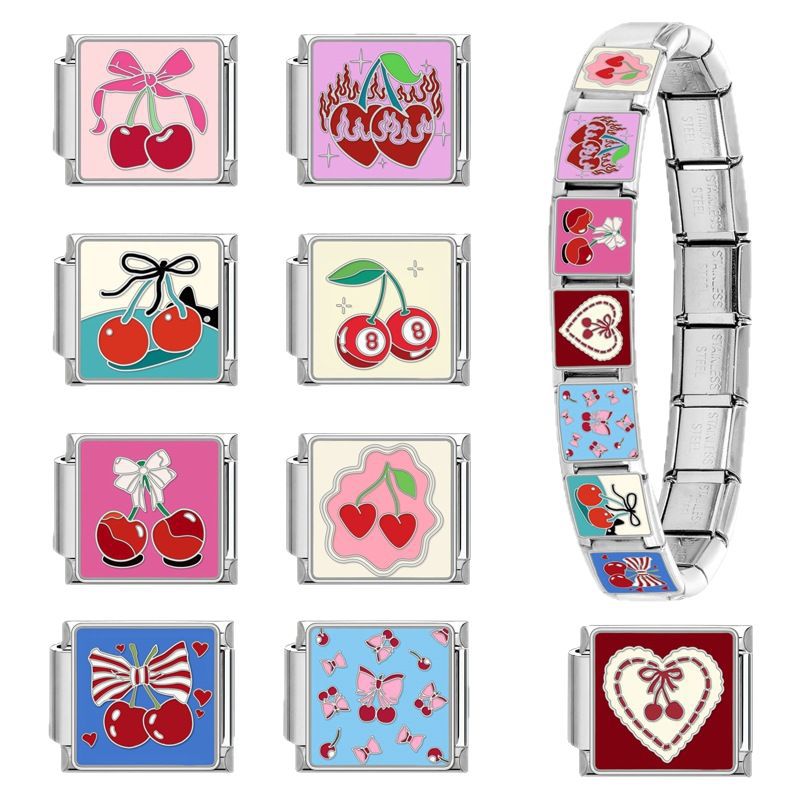 Wholesale Nature Italian Charms DIY square cherry Section Creative Stainless Steel Composable Bracelet