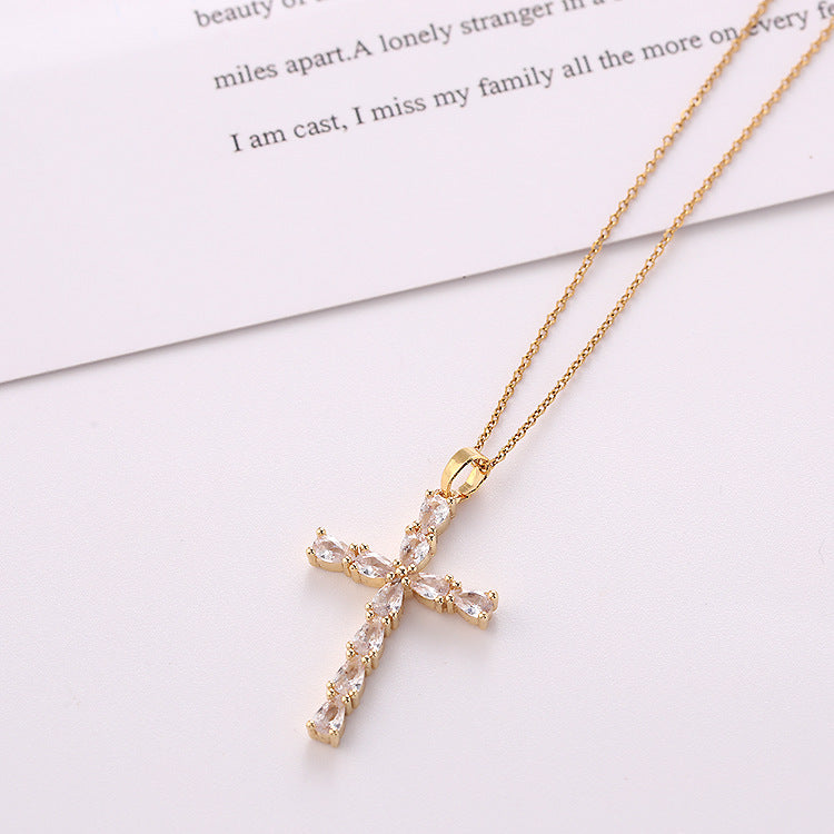 Wholesale Gold Plated Copper Cross Drop Pendant Necklace With Colorful Zircon Stones For Women Everyday Fashion Jewelry