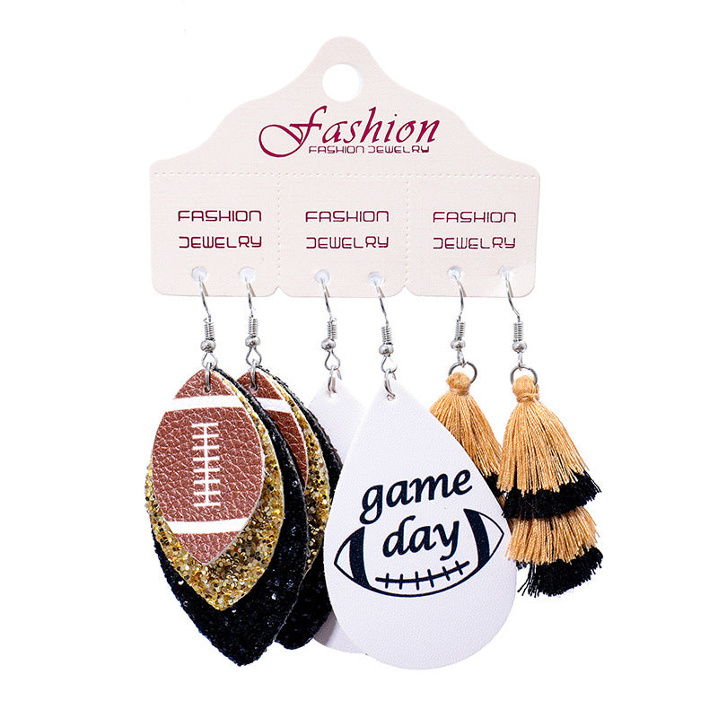 Wholesale 2 Sets Christmas Independence Day Football Rugby Softball Multi-layer Tassel Cheerleading PU Leather Earrings Set ACC-ES-HY128