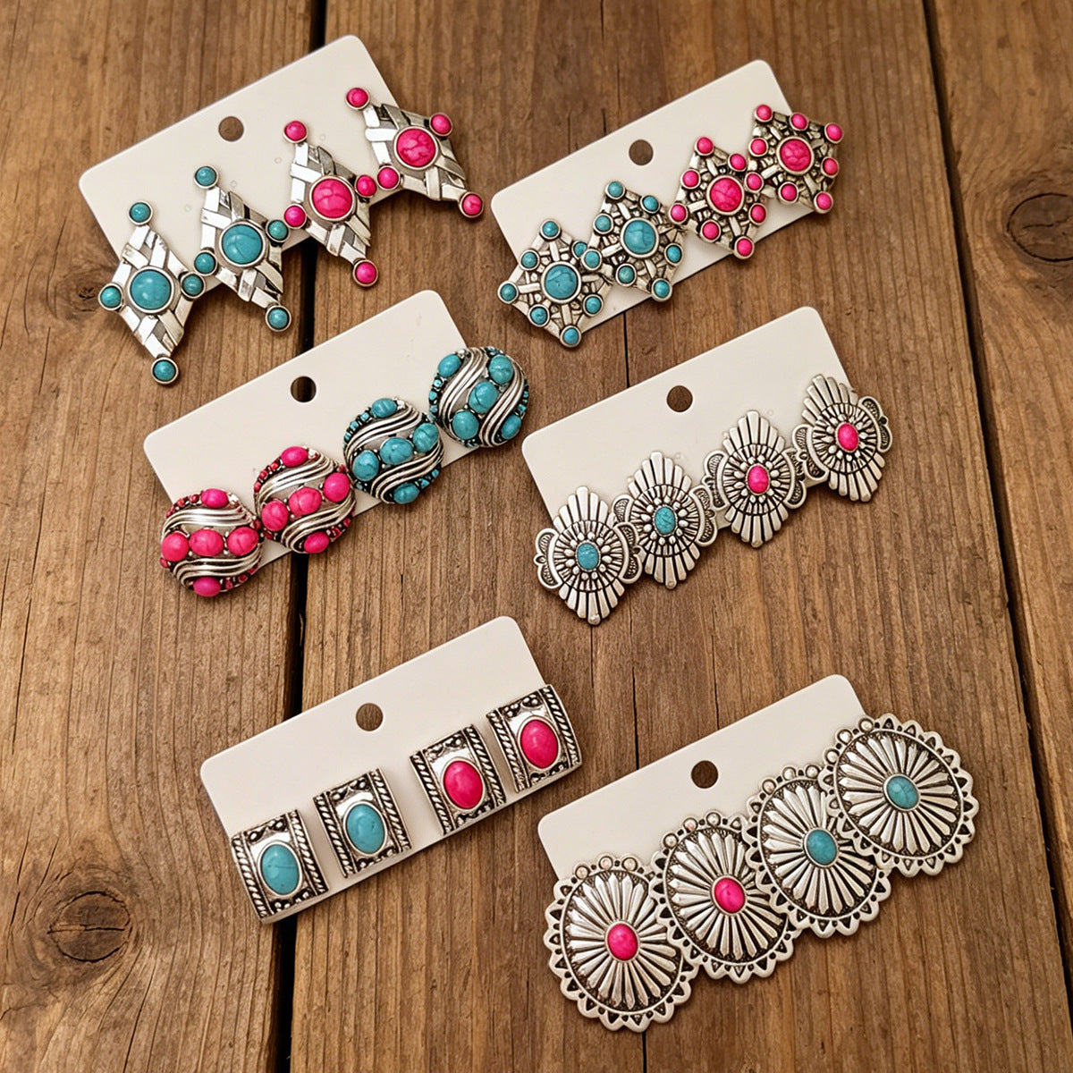 Wholesale Retro Western Geometric Turquoise Earrings Set Everyday Fashion Jewelry Accessory Gift For Women Boutique Resale