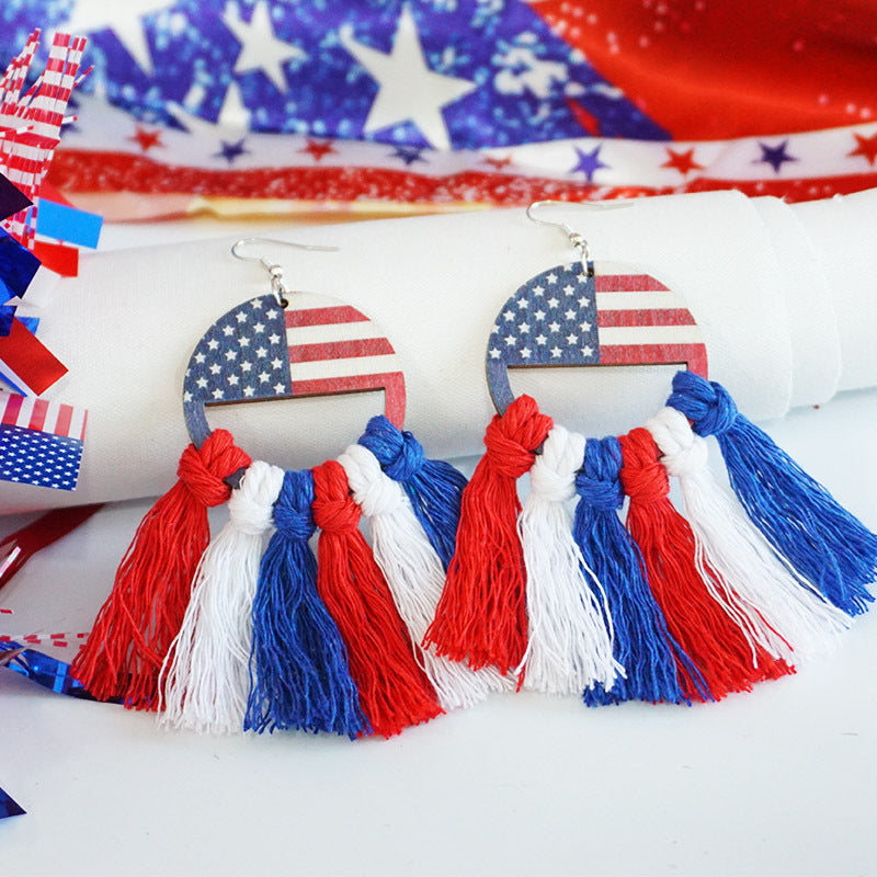 Wholesale 2 Pairs/pack American Independence Day Hats Hand Knitted Bohemian Tassel Cotton Thread Earrings ACC-ES-HY042