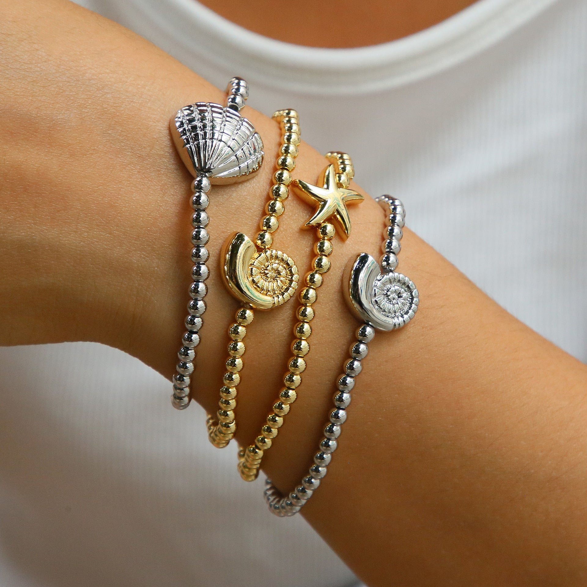 Wholesale Brass Marine Life Series Conch Starfish Shell Beaded Elastic Thread Women' s Bracelet