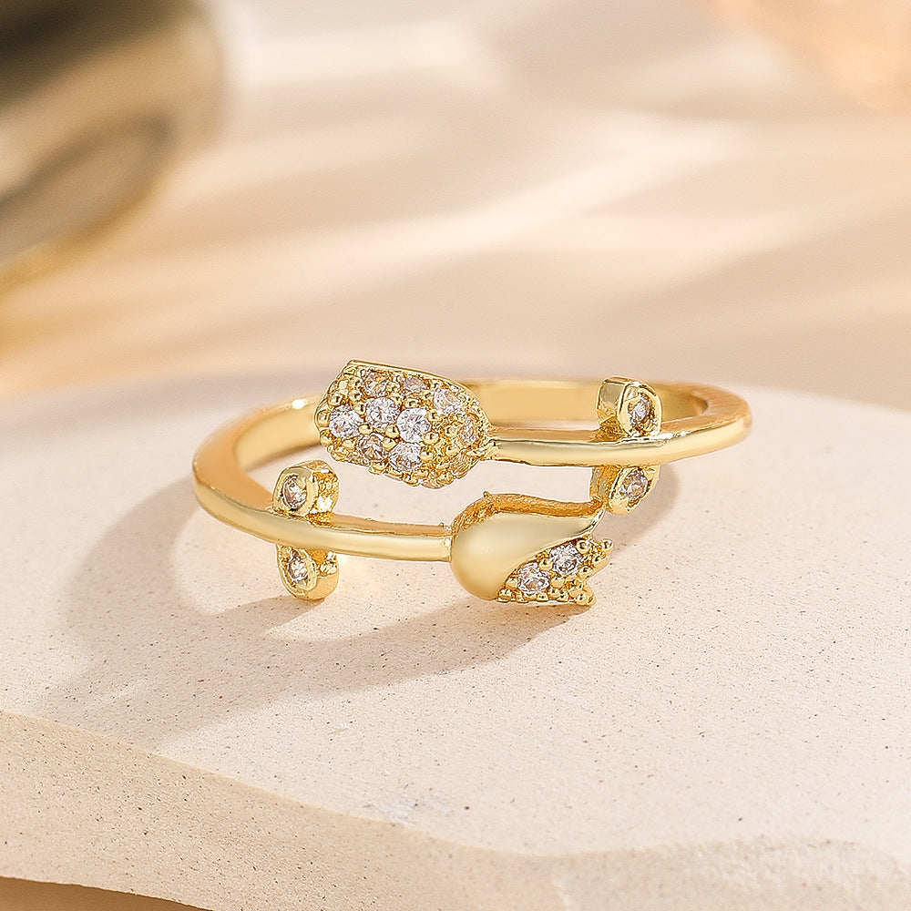 Wholesale Chic Gold Floral Leaf Open Adjustable Ring Zircon Crystal Fashion Jewelry Accessory For Everyday Wear