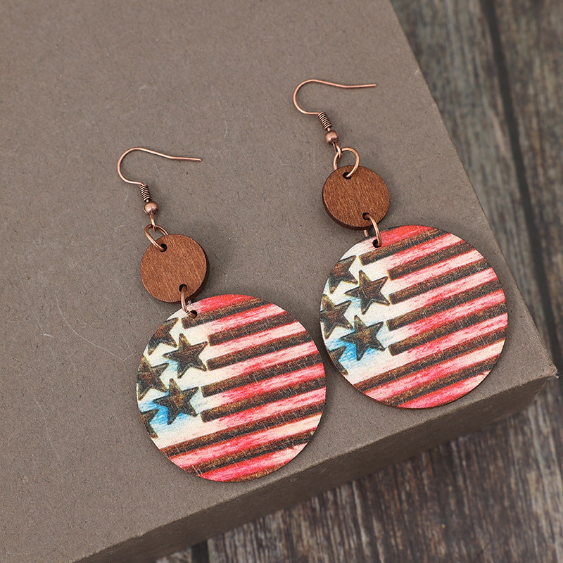 Wholesale retro style American Independence Day carved five-pointed star striped wooden earrings ear studs