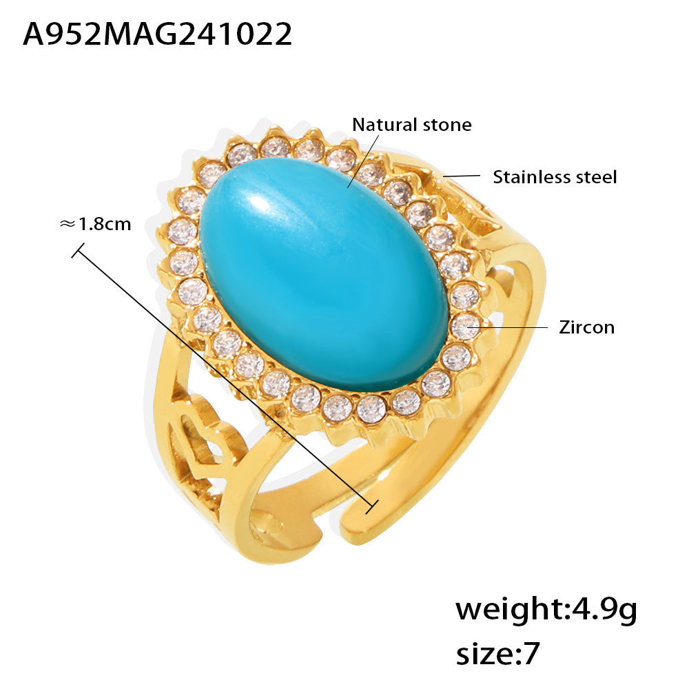 Wholesale Stainless steel Wave zircon oval natural stone open ring