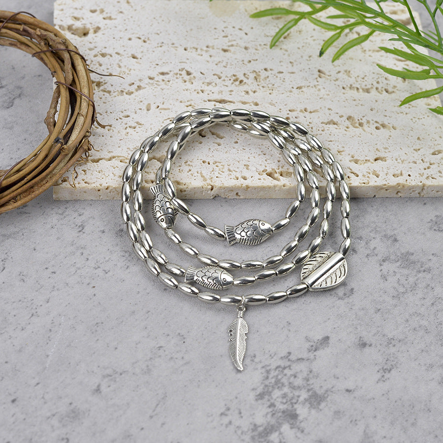 Wholesale Vintage Multi Layer Bracelet Anklet Set Antique Silver Leaf Fish Pendant Unisex Zinc Alloy Fashion Accessory