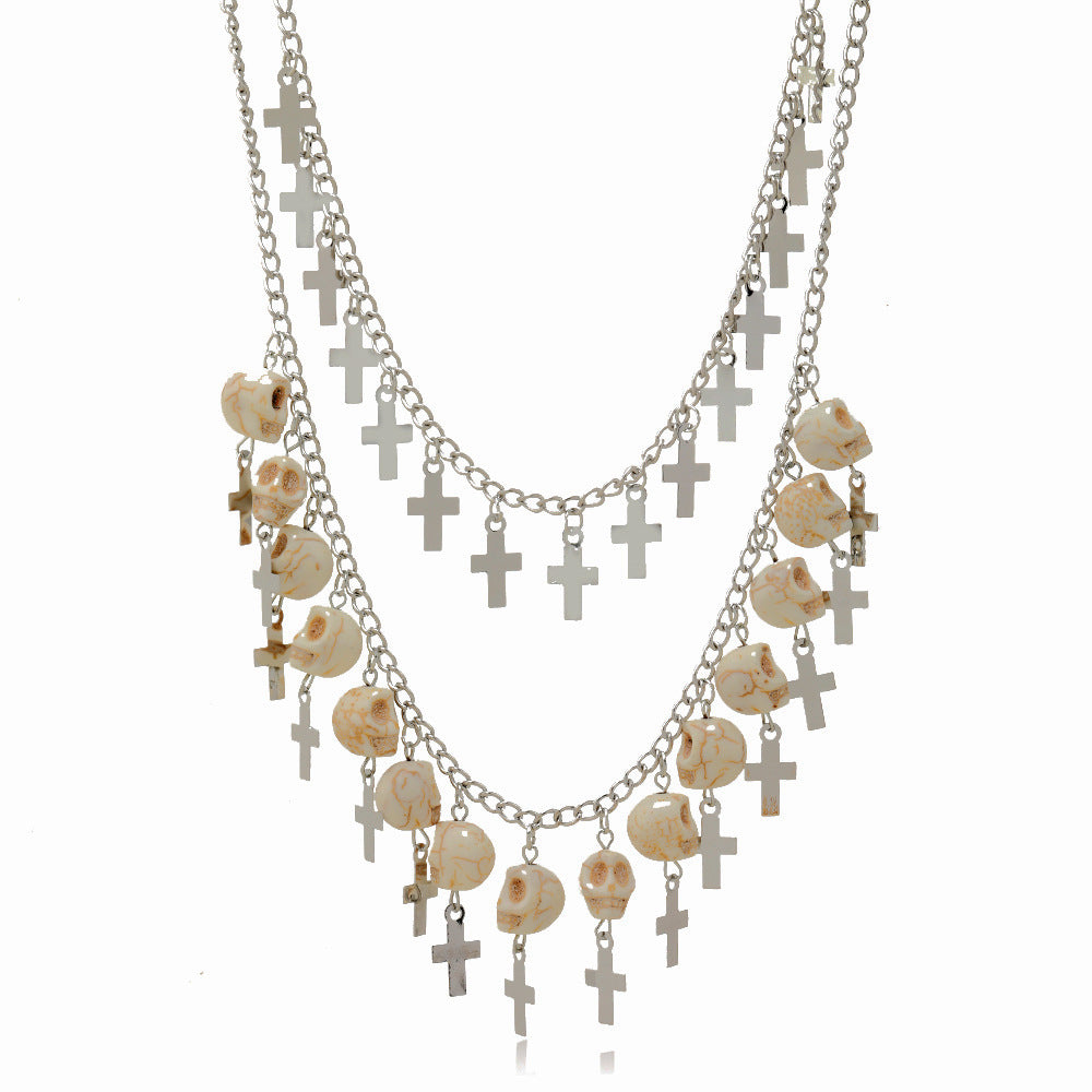 Wholesale Alloy  Punk Skull Cross Tassel Multi-Layer Necklace Fashion Accessory Gift
