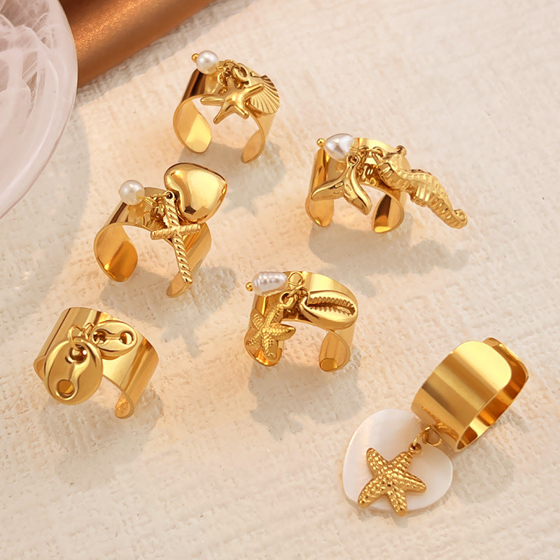 Wholesale Stainless steel starfish shell ring women' s fashion pendant design cross,  titanium steel open ring