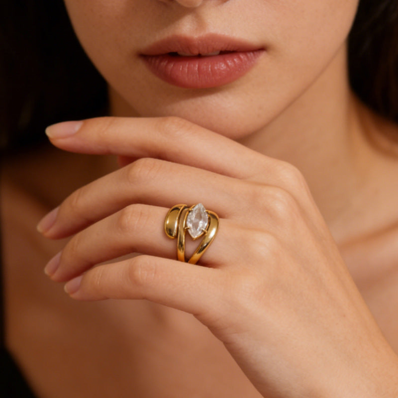 Wholesale Light Luxury Titanium Steel Open Ring with Zircon Inlay and Linear Design