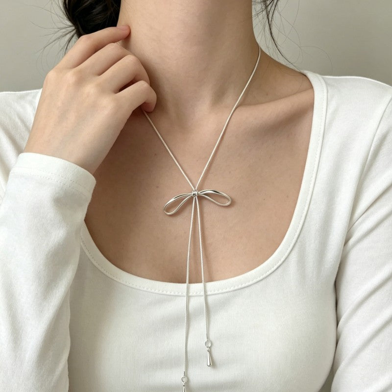 Wholesale Korean Style Bow Pendant Long Sweater Chain Necklace Alloy Plated Jewelry Accessory For Women Gift Boutique Resale